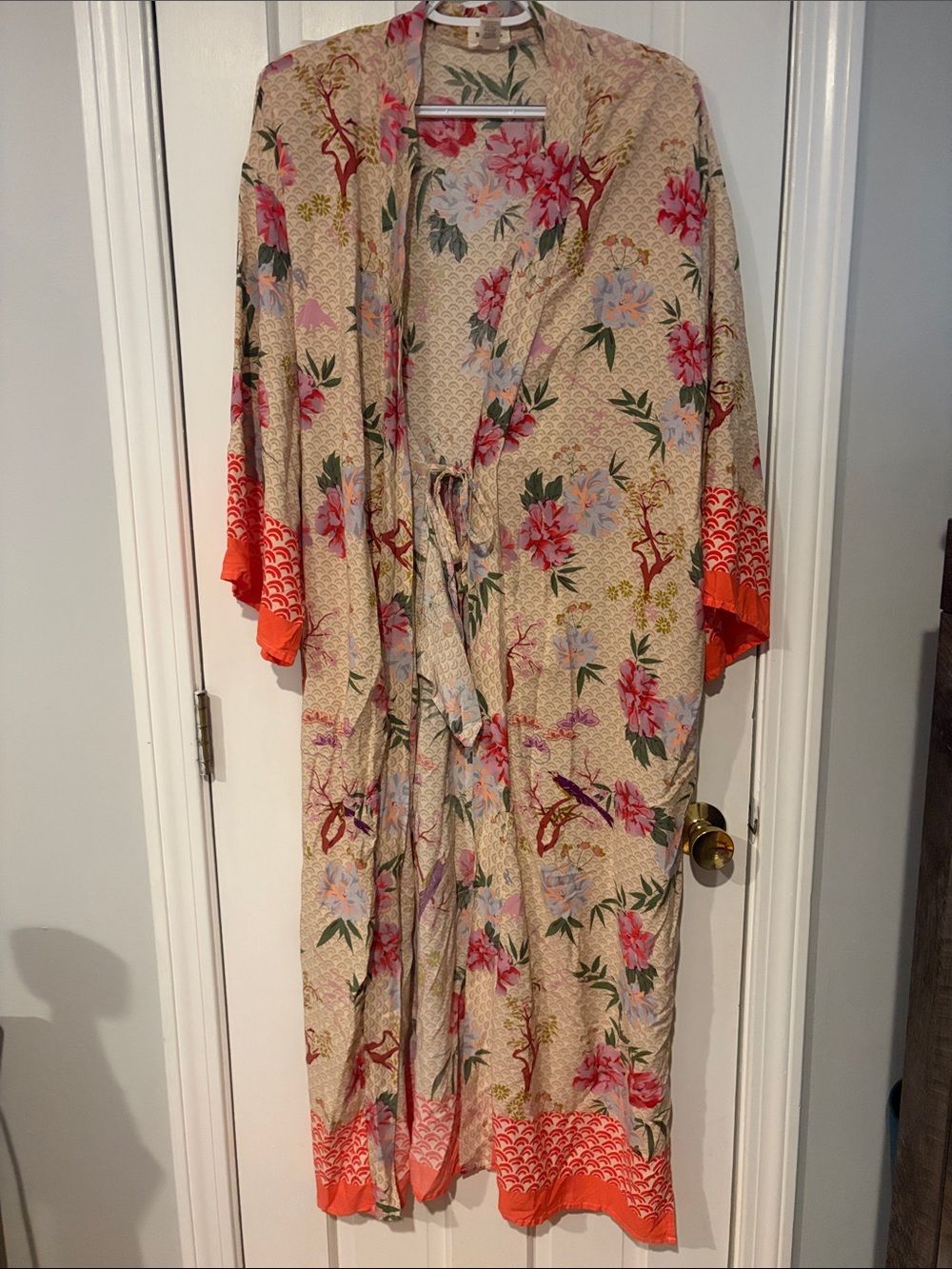 World Market Cream Floral Kimono with Coral Trim and Pockets